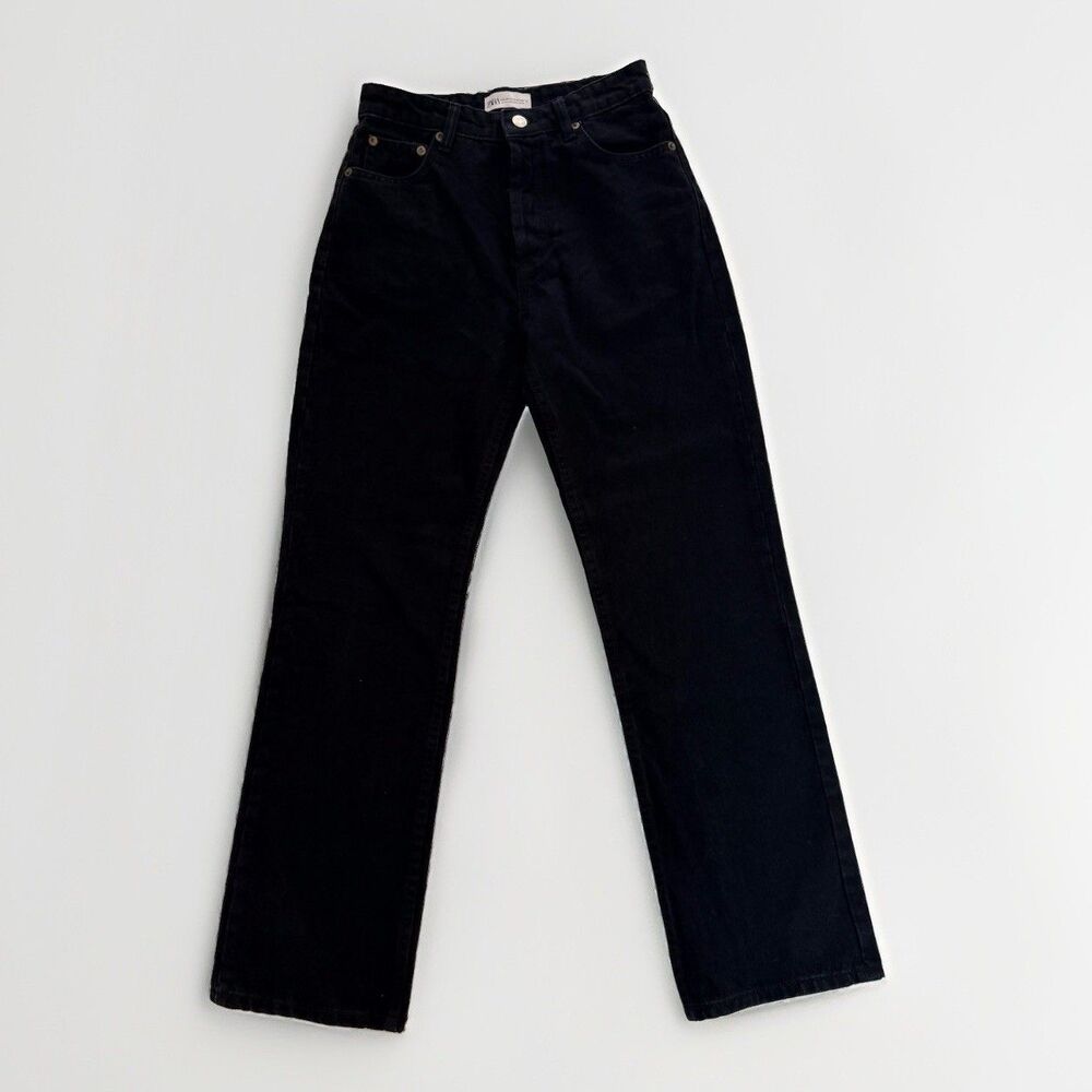 Zara High Rise Straight Leg Jean 2 Black Denim Button Fly High Waist 25x28 Indie